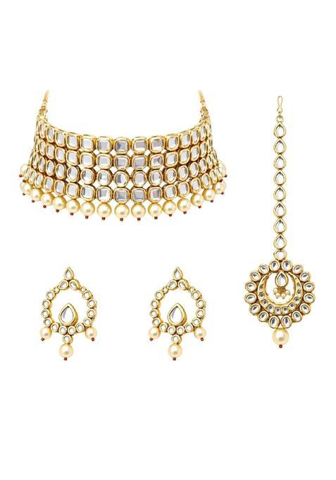 Zavira 24K Gold Tone Kundan Pearl Choker Necklace Set for Women