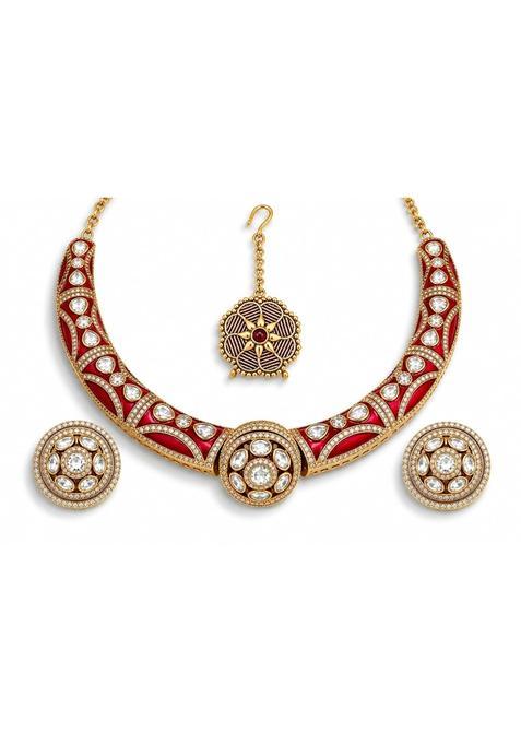 Sumeera Jewels Red Handcrafted Traditional Kundan Necklace Set with Matching Earrings and Maang Tikka Borla