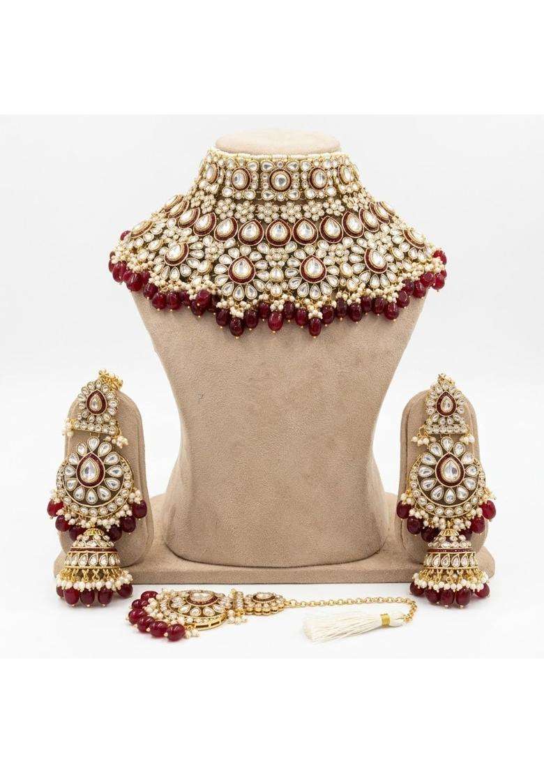 Traditional Kundan Bridal Jewellery Set for Women Necklace Earrings Maang Tikka Beads Wedding Aniversariy - Indya