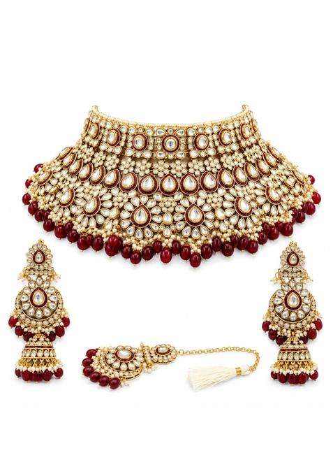 Traditional Kundan Bridal Jewellery Set for Women Necklace Earrings Maang Tikka Beads Wedding Aniversariy