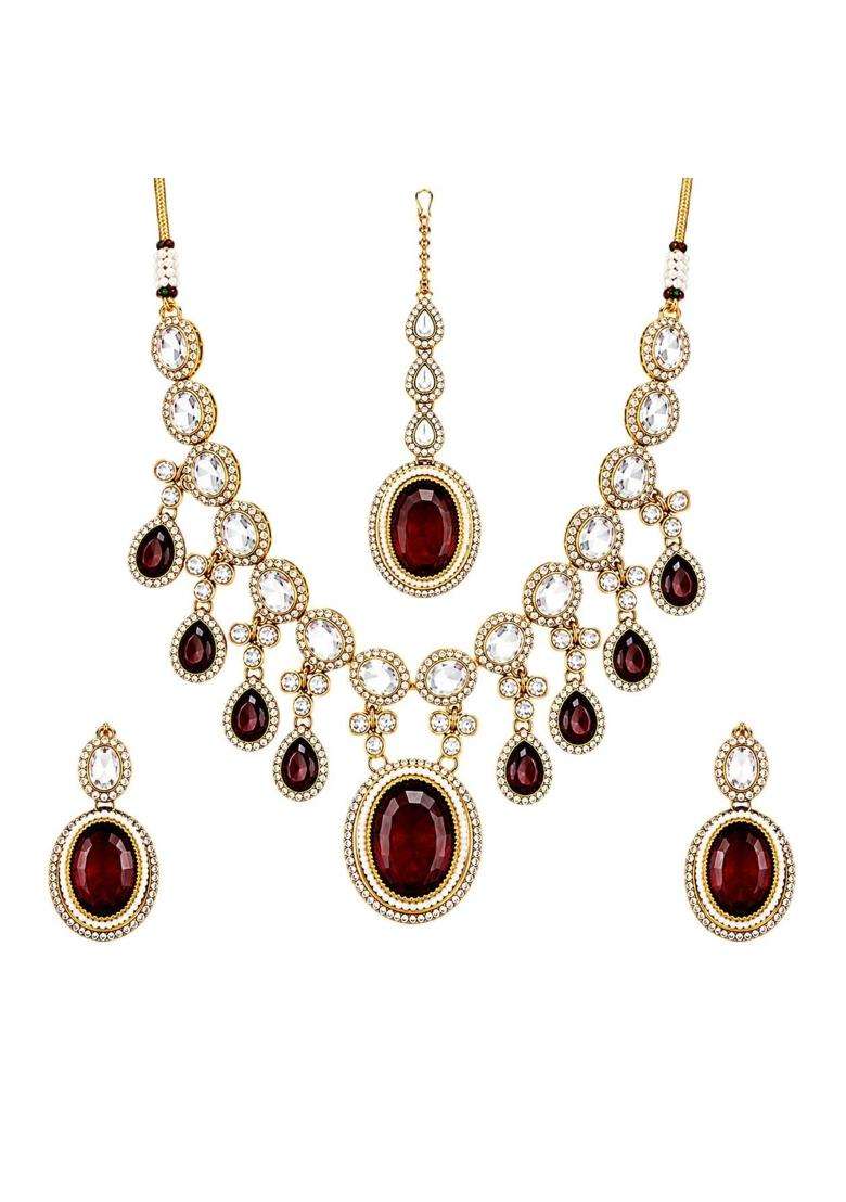 Shree JI Jewellery Ruby Red Stones with Gold Plated Kundan Bridal Jewellery Set for Women - Indya