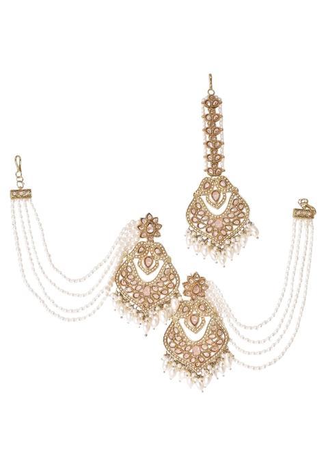 Traditional Kundan Pearl Jewellery Set for Women Gold Plated Maang Tikka and Earrings Set