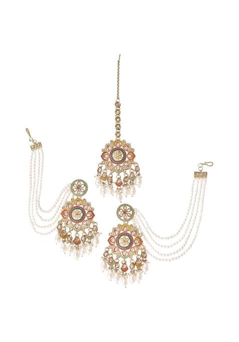 Traditional Kundan Pearl Jewellery Set for Women Gold Plated Maang Tikka and Earrings Set