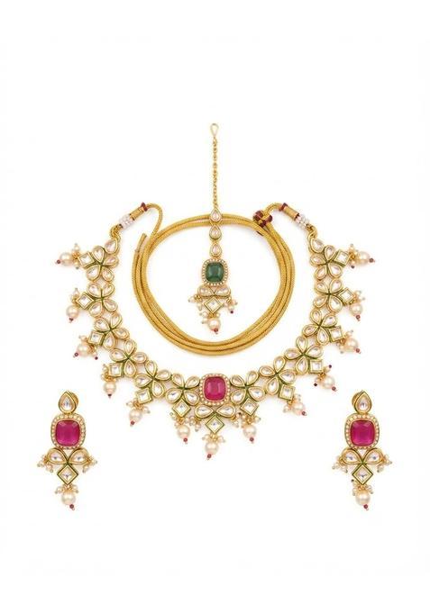 PM AURA Jewels Regal Kundan Choker Necklace Set with Ruby Pink Stone Matching Earrings and Maang Tikka