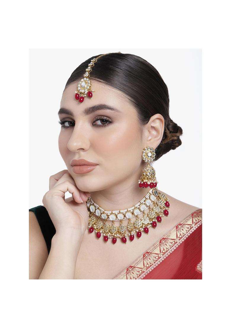 Peora Traditional Gold Plated Kundan Necklace Dangle Jhumki Earring and Maang Tikka Ethnic Jewellery Set Gift - Indya