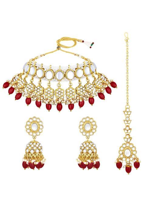 Peora Traditional Gold Plated Kundan Necklace Dangle Jhumki Earring and Maang Tikka Ethnic Jewellery Set Gift