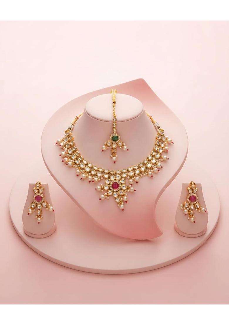 PM AURA Jewels Traditional Kundan and Pearl Statement Choker Necklace Set with Matching Earrings and Maang - Indya