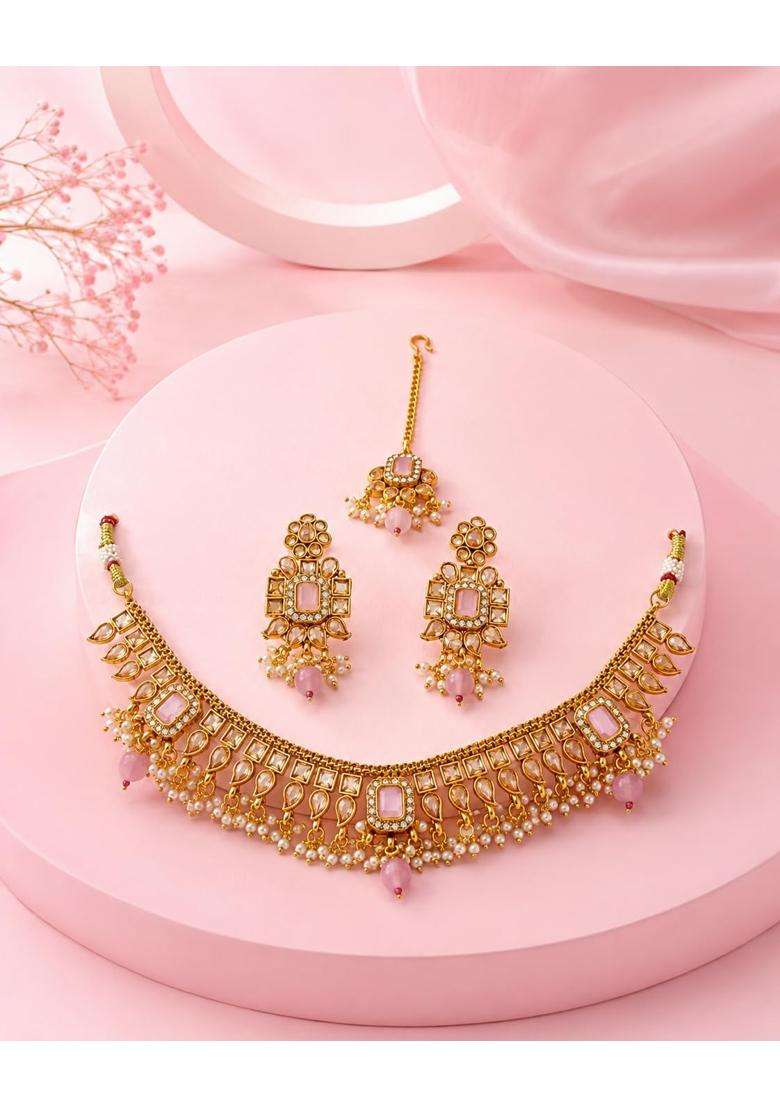 PM AURA Jewels Elegant Pastel Pink Kundan Choker Necklace Set with Maang Tikka and Earrings - Indya