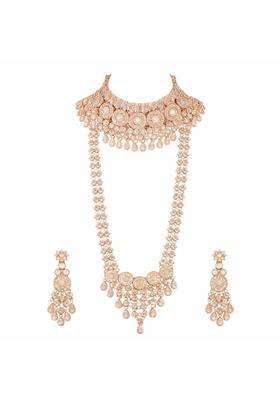 Gold Bridal Kundan AD Jewellery Set for Women Heavy Choker with Long Raani Haar Earrings Maang Tikka