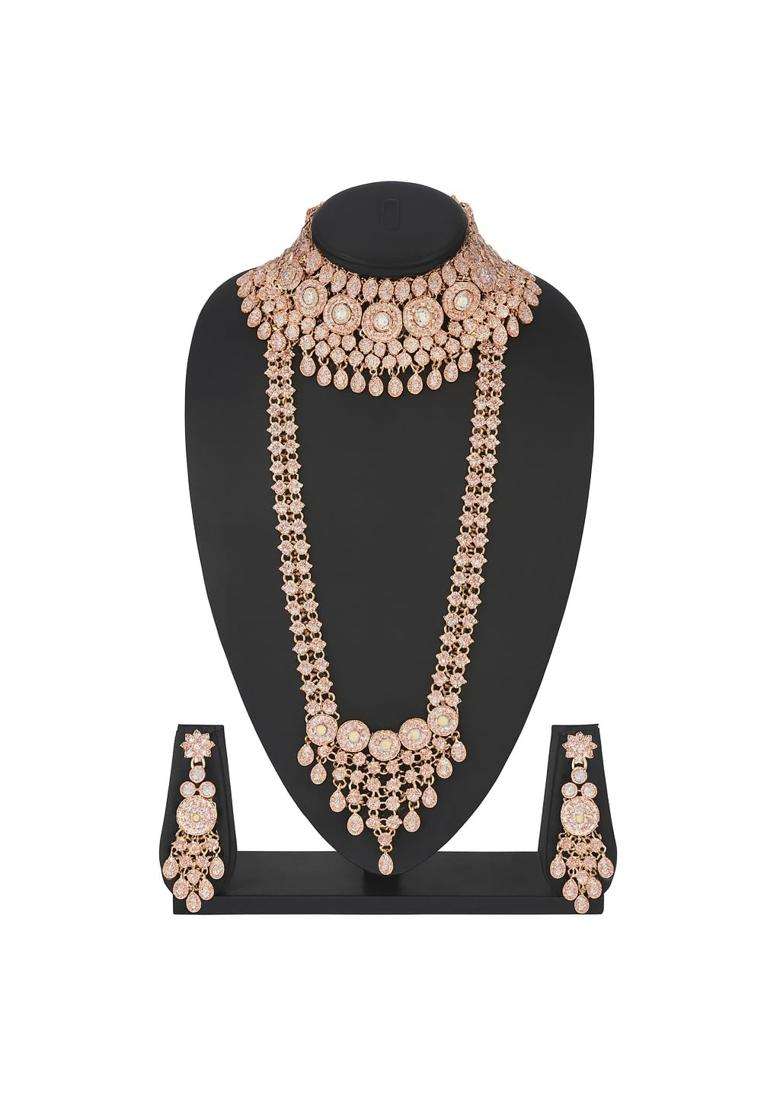 Gold Bridal Kundan AD Jewellery Set for Women Heavy Choker with Long Raani Haar Earrings Maang Tikka - Indya