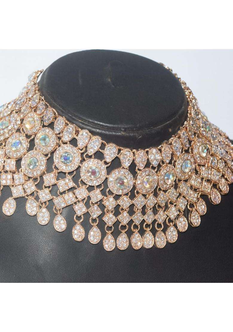 Gold Bridal Kundan AD Jewellery Set for Women Heavy Choker with Long Raani Haar Earrings Maang Tikka - Indya