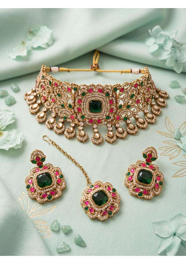 Reesha Jewel Maroon Indian Bridal Choker Necklace Set with Earrings and Maang Tikka - Indya