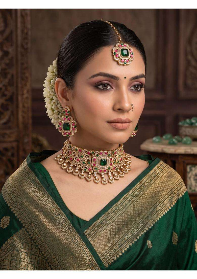 Reesha Jewel Maroon Indian Bridal Choker Necklace Set with Earrings and Maang Tikka - Indya