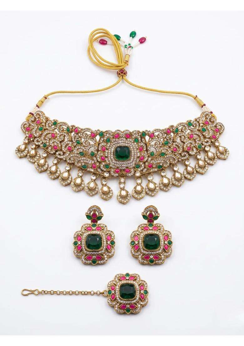 Reesha Jewel Maroon Indian Bridal Choker Necklace Set with Earrings and Maang Tikka - Indya