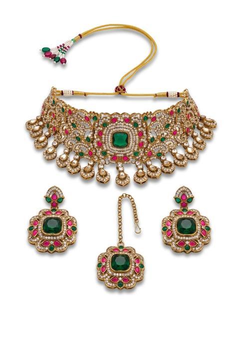 Reesha Jewel Maroon Indian Bridal Choker Necklace Set with Earrings and Maang Tikka