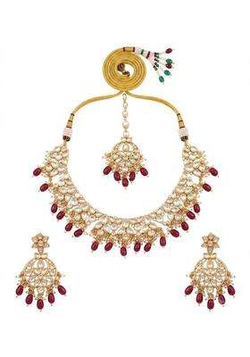 PM AURA Jewels Pearls Kundan and Maroon Bead Choker Necklace Set with Maang Tikka