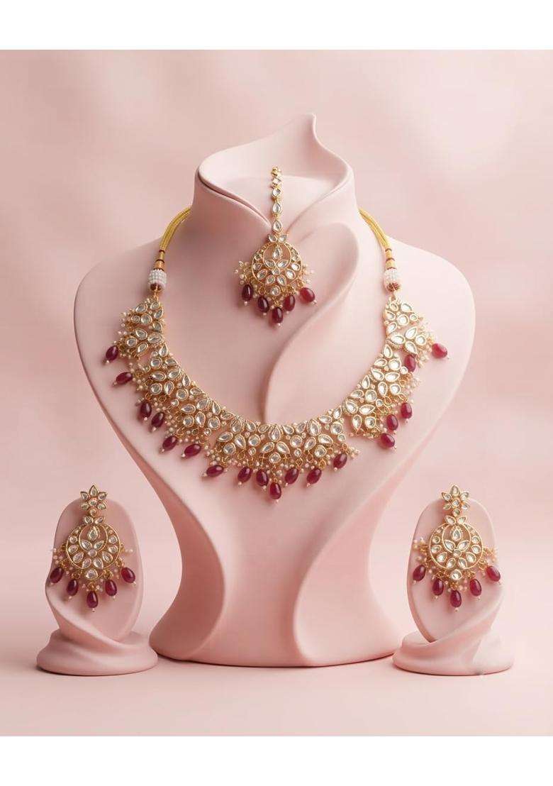 PM AURA Jewels Pearls Kundan and Maroon Bead Choker Necklace Set with Maang Tikka - Indya