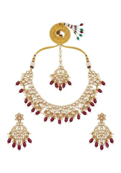 PM AURA Jewels Pearls Kundan and Maroon Bead Choker Necklace Set with Maang Tikka
