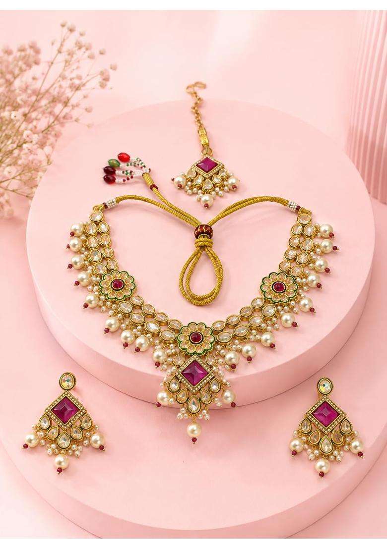 PM AURA Jewels Royal Bridal Kundan and Pink Stone Choker Necklace Set with Maang Tikka and Earrings - Indya