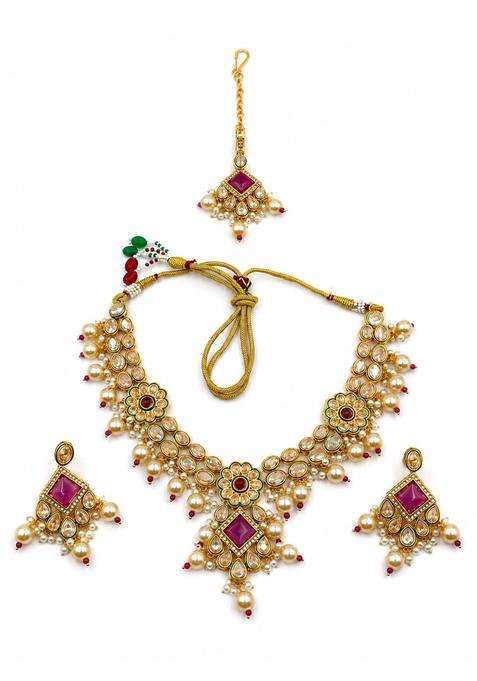 PM AURA Jewels Royal Bridal Kundan and Pink Stone Choker Necklace Set with Maang Tikka and Earrings