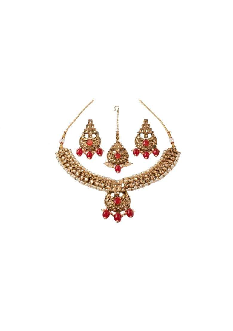 Red Kundan Bridal Jewellery Set with Earrings and Maang Tikka - Indya