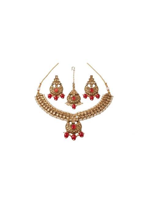 Red Kundan Bridal Jewellery Set with Earrings and Maang Tikka