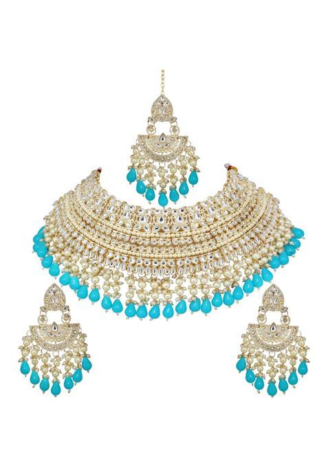 Lucky Jewellery Gold Plated Kundan and Pearl Firozi Stone Bridal Choker Jewellery Set with Maang Tikka