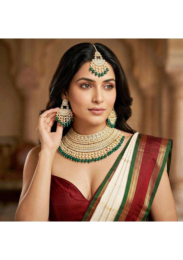 Lucky Jewellery Gold Plated Kundan and Pearl Green Stone Bridal Choker Jewellery Set with Maang Tikka - Indya
