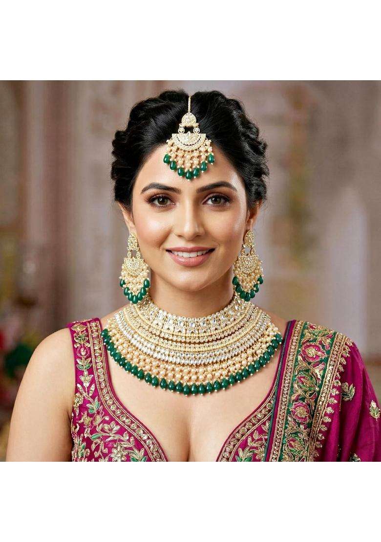 Lucky Jewellery Gold Plated Kundan and Pearl Green Stone Bridal Choker Jewellery Set with Maang Tikka - Indya