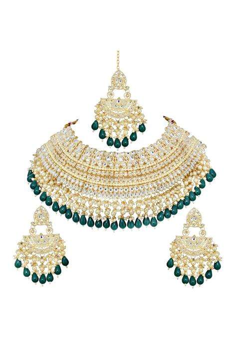Lucky Jewellery Gold Plated Kundan and Pearl Green Stone Bridal Choker Jewellery Set with Maang Tikka