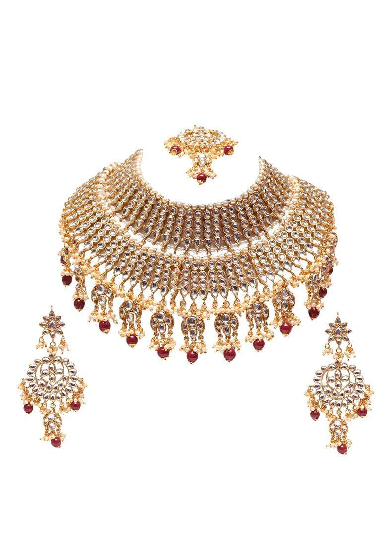 Swarajshop Maroon Luxury Kundan Bridal Choker Necklace Set with Ruby Bead Drops - Indya