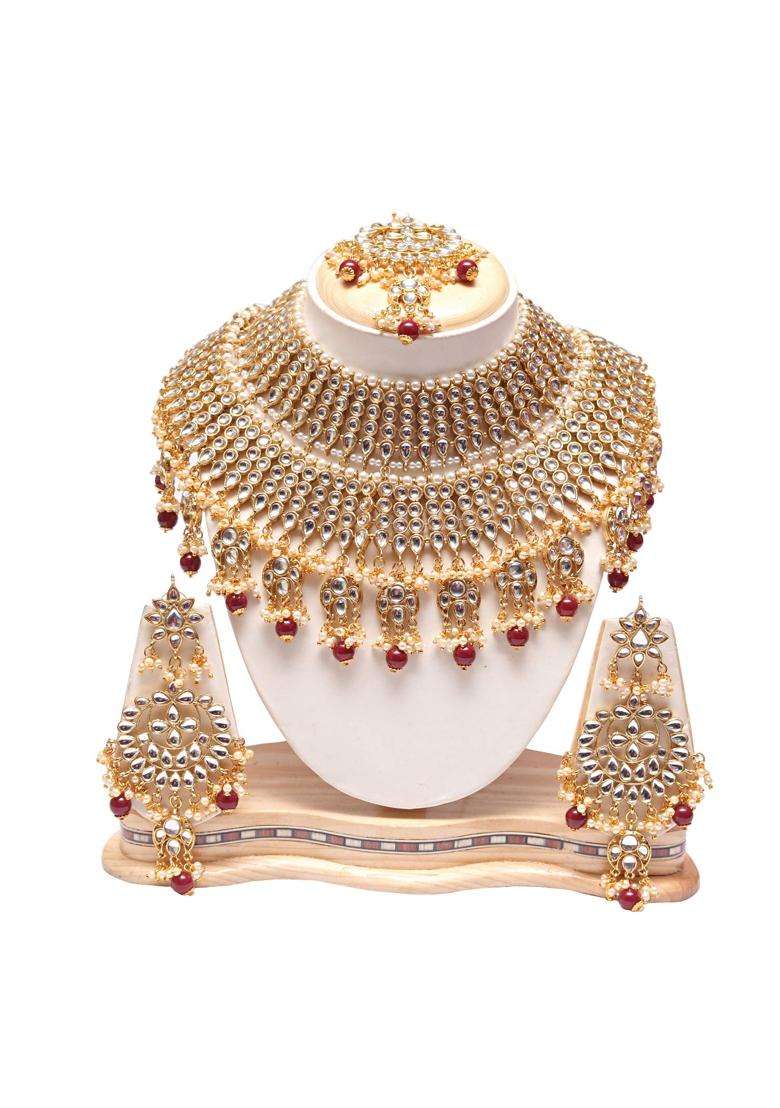 Swarajshop Maroon Luxury Kundan Bridal Choker Necklace Set with Ruby Bead Drops - Indya