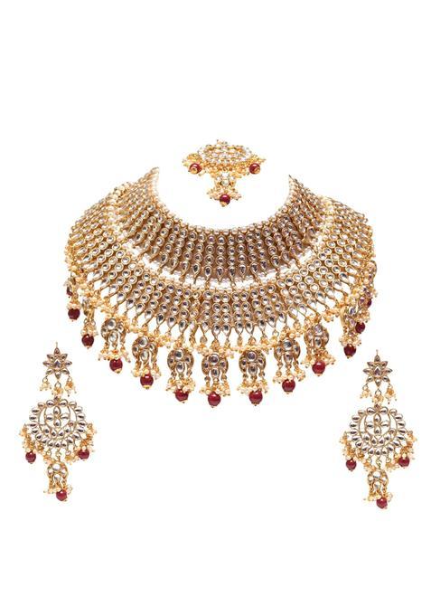 Swarajshop Maroon Luxury Kundan Bridal Choker Necklace Set with Ruby Bead Drops