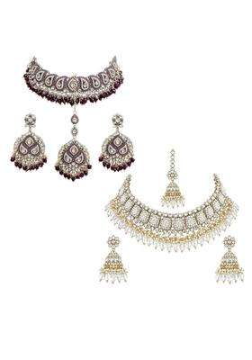 SK Jewellers Fashion Traditional Kundan Choker Necklace Set with Earrings and Maang Tikka for Women Pack of 2