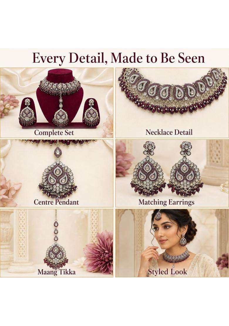 SK Jewellers Fashion Traditional Kundan Choker Necklace Set with Earrings and Maang Tikka for Women Pack of 2 - Indya