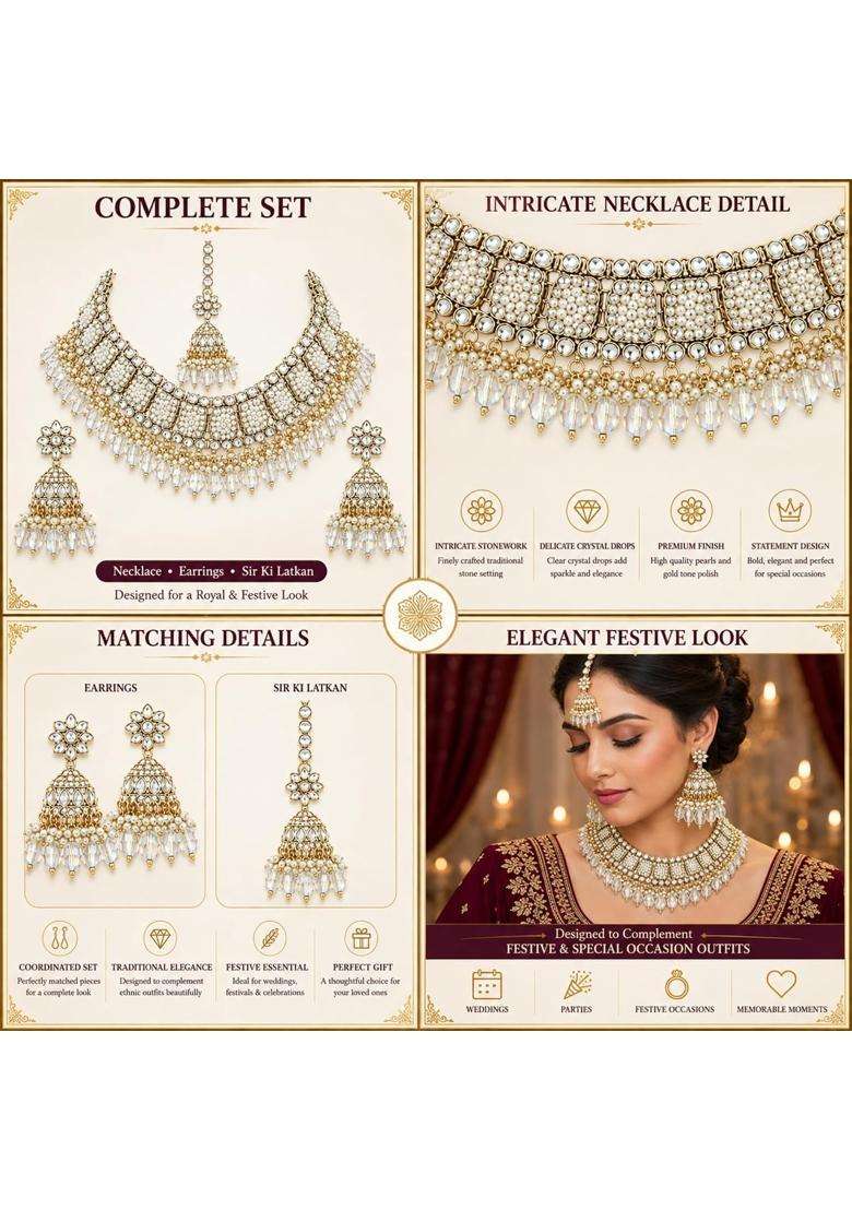 SK Jewellers Fashion Traditional Kundan Choker Necklace Set with Earrings and Maang Tikka for Women Pack of 2 - Indya