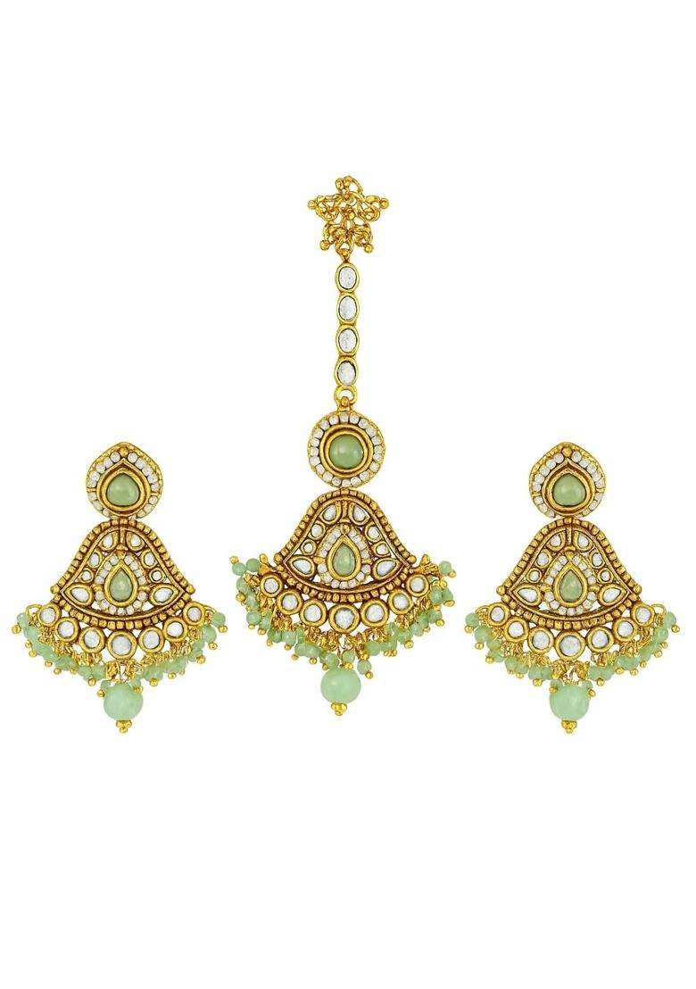 Veltreo International Fashion Jawellery Kundan Pearl and Green Bead Set for Women Maang Tikka and Earrings - Indya