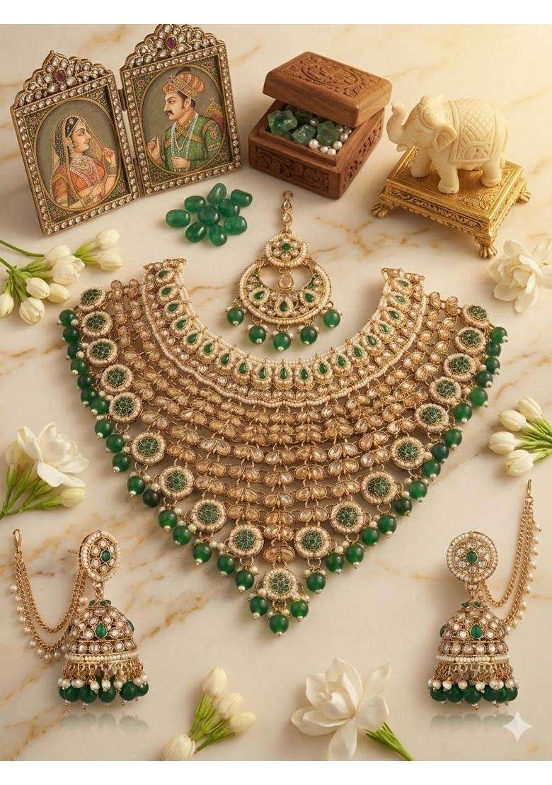 Royal Emerald and Kundan Bridal Choker Necklace Set with Jhumka Earrings and Maang Tikka Gold Toned - Indya