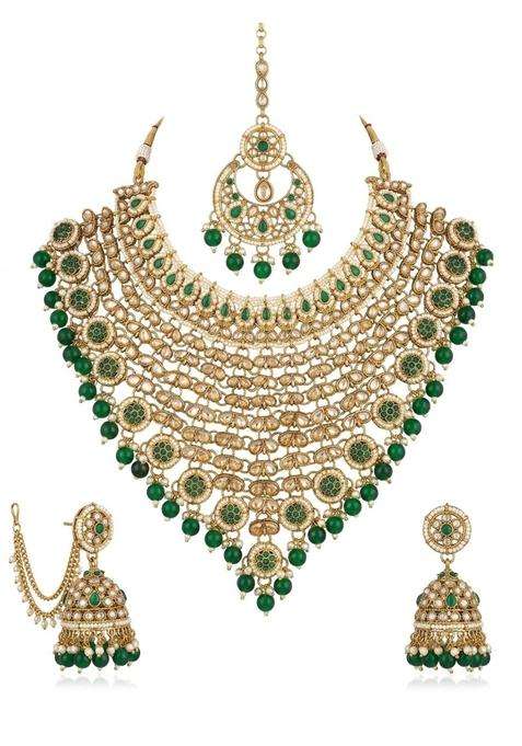 Royal Emerald and Kundan Bridal Choker Necklace Set with Jhumka Earrings and Maang Tikka Gold Toned