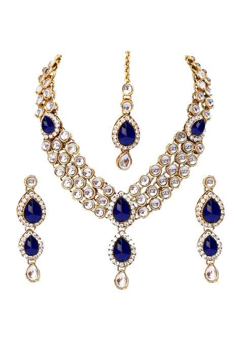 Aheli Blue Indian Kundan Maang Tikka Earrings Necklace Set Ethnic Traditional Jewelry for Women