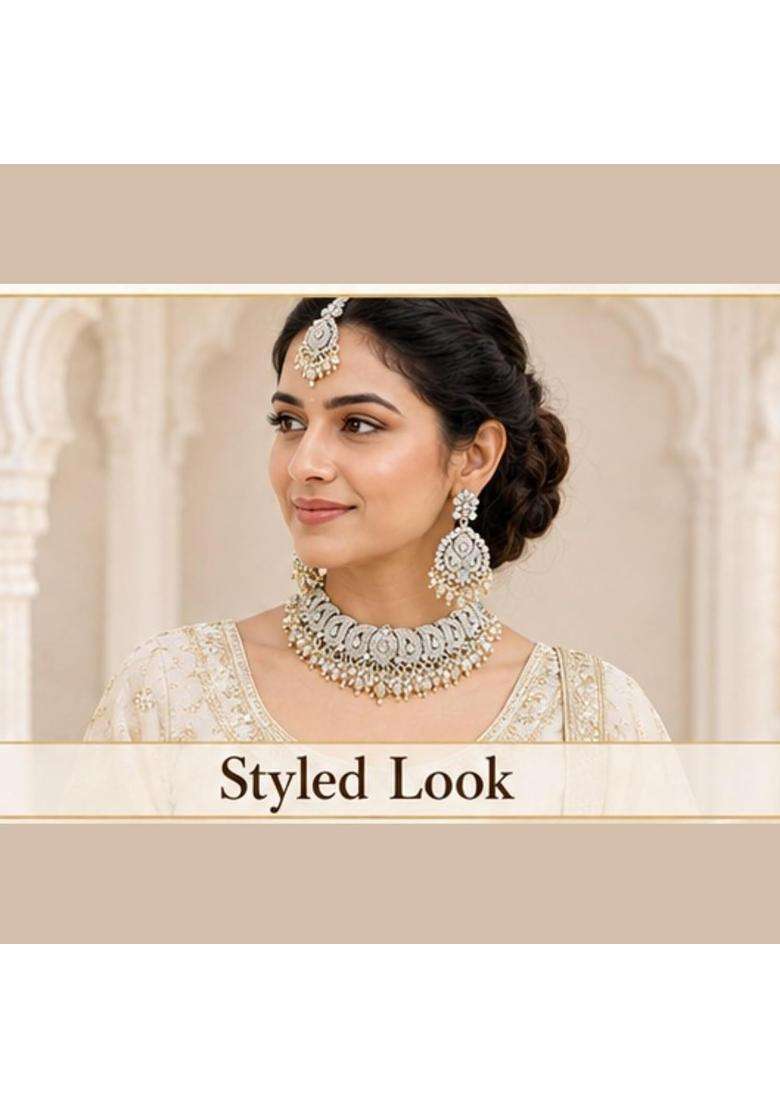 SK Jewellers Fashion Traditional Kundan Choker Necklace Set with Matching Earrings and Maang Tikka for Women - Indya
