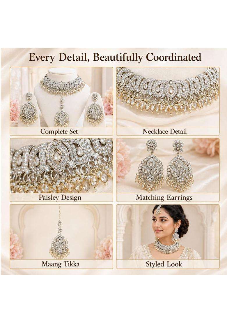 SK Jewellers Fashion Traditional Kundan Choker Necklace Set with Matching Earrings and Maang Tikka for Women - Indya