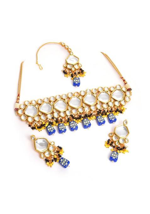 SOHI Gold Plated Kundan Beaded Necklace Earrings and Maang Tikka Set SOHNCK2067