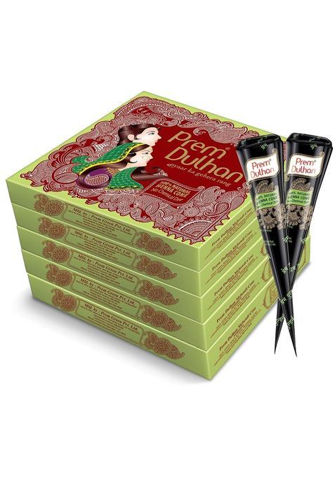 Prem Dulhan Brown Mehendi Cone 12PC in 1 Box 100 Percent Pure Leaf of Natural Henna Pack of 5