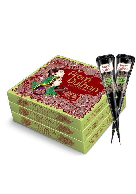 Prem Dulhan 36 Cones Set of Organic Hennas 3 Boxes Natural Mehendi Cones Long Lasting Brown Henna