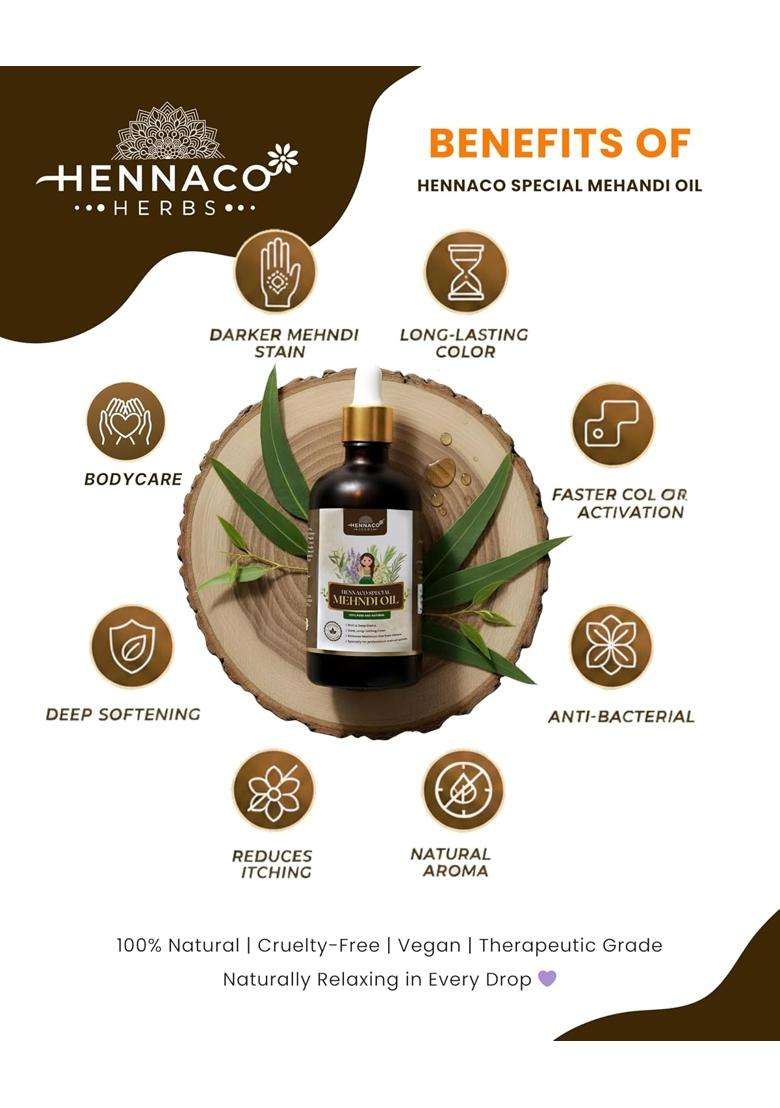 Hennaco Professional Mehendi Combo 5X Filtered Premium Mehendi Powder 400G Plus Pure Eucalyptus Essential Oil - Indya