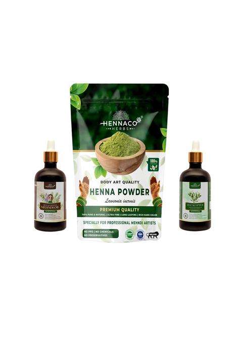 Hennaco Professional Mehendi Combo 5X Filtered Premium Mehendi Powder 400G Plus Pure Eucalyptus Essential Oil