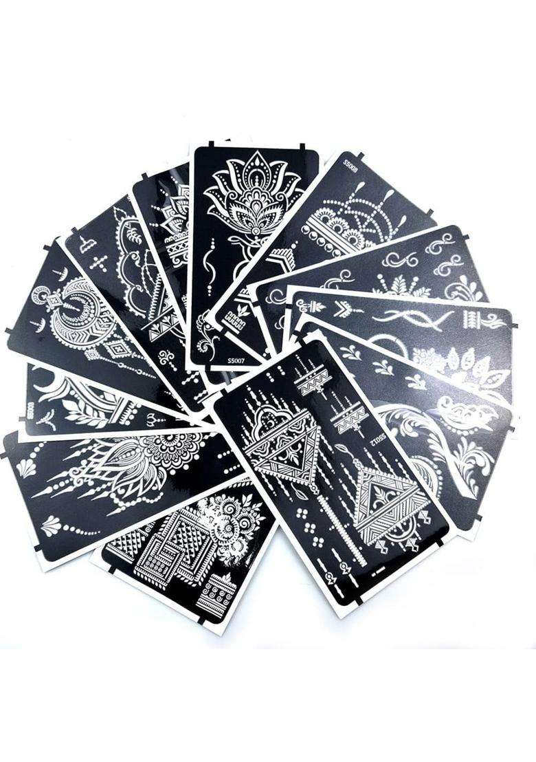 Ivanas Henna Temporary Tattoo Stencil Templates Kit Black M D7 Pack of 12 - Indya