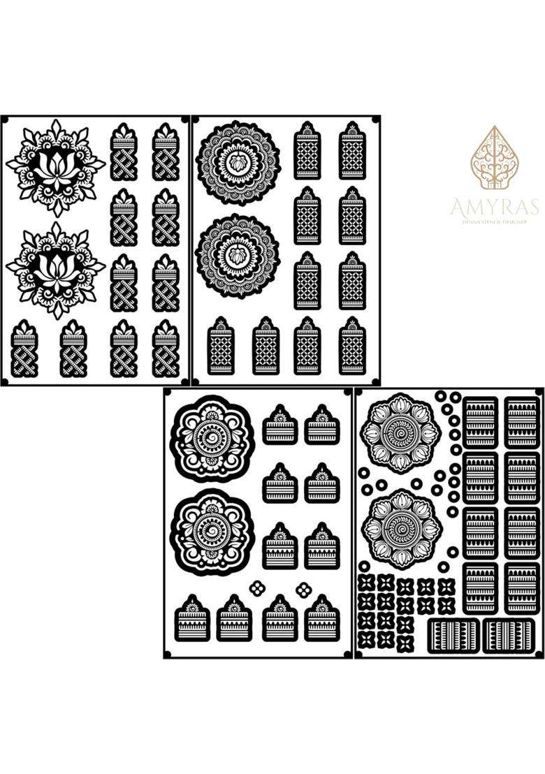 Amyras Black 4 Combo with 2 Henna Cones Included Super Deluxe Mehndi Hand Tattoo Sticker Pack Long Lasting - Indya