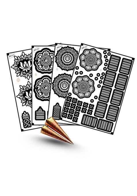 Amyras Black 4 Combo with 2 Henna Cones Included Super Deluxe Mehndi Hand Tattoo Sticker Pack Long Lasting